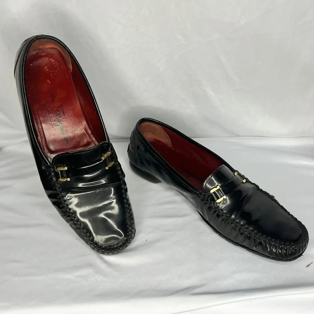 Salvatore Ferragamo‎ Loafers Mens 8.5 Black Patent Leather Sport Gold Hardware